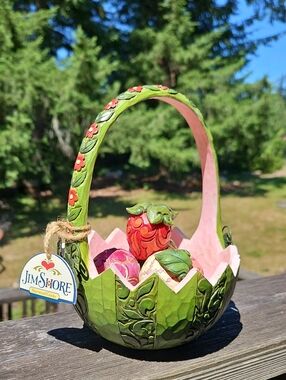 Jim Shore Watermelon Decorative Basket with 4 Mini Figurines 8x6" Green Pink